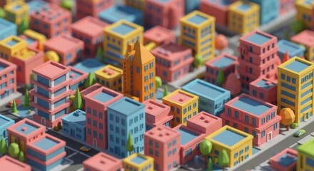 Vibrant Isometric Cityscape with Colorful Buildings and Lush Green Trees