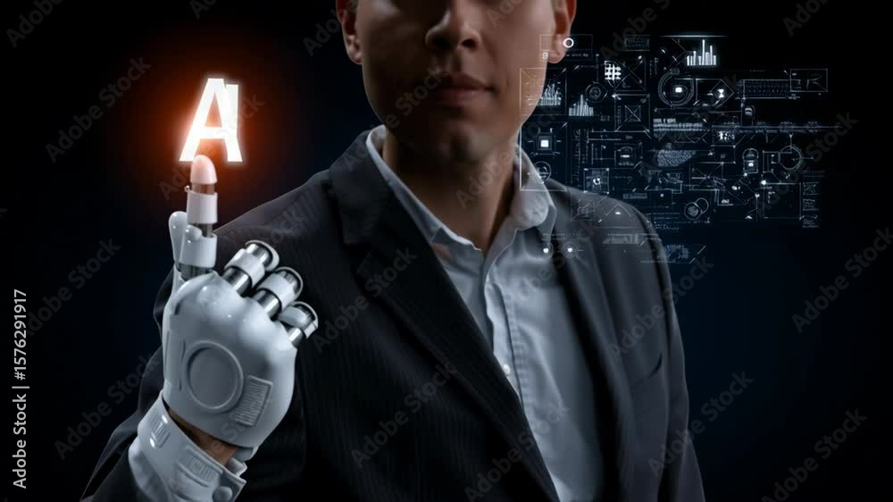 Poster ai technology and robotic hand digital interface for innovation in business automation and data visu