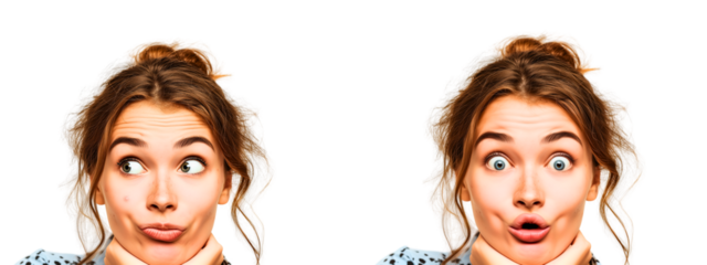 2 portraits of the same young brunette woman touching her face with wondering & amazed face expression; pimples on one of the portraits; girl isolated over white (transparent) background