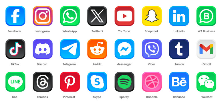 3D Social Media App Icon Collection with Transparent Background for UI UX Design, Facebook, Instagram, WhatsApp, YouTube, Snapchat, Twitter, X, TikTok, LinkedIn, Gmail, and Other Mobile Apps