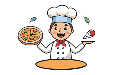 Cheerful Chef's Pizza Presentation: A culinary craftsman, radiating joy, showcases a delightful pizza creation, complemented by whimsical floating ingredients.