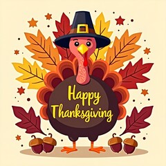 Cartoon turkey wears pilgrim hat. Happy Thanksgiving banner above. Autumn leaves, pumpkins decorate background. Festive fall scene. Cheerful turkey greeting holiday. Cute, festive Thanksgiving design