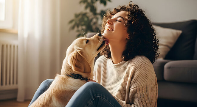 A joyful young woman with curly hair laughs as her golden retriever puppy licks her face. - Powered by Adobe