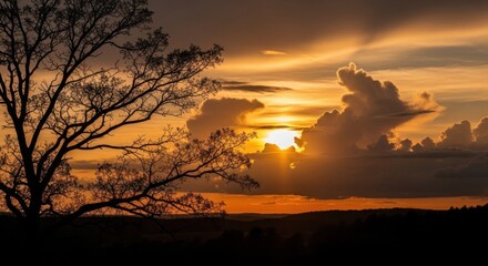 Naklejka premium Majestic Sunset Over Rolling Hills With Silhouetted Tree
