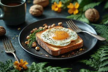 A plate of toast with an egg on top and a fork and knife on the table