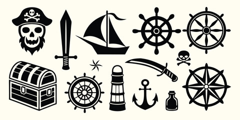 Set of black pirate and nautical vector silhouette icons. Graphic elements including skull, treasure chest, ship wheel, ship, lighthouse for design, branding, game, and adventure projects.