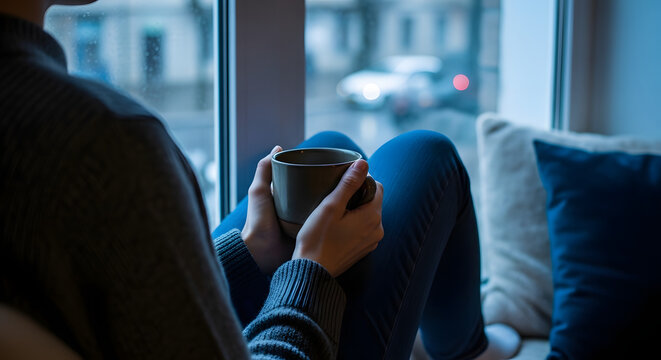 A person holding a warm mug sits by a window looking out at a city street on a rainy day.
