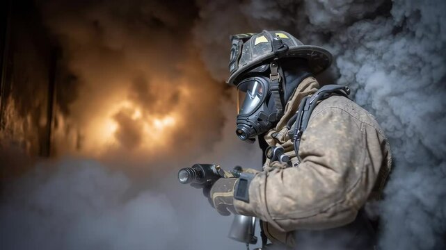 Bravery and determination shine as firefighter protective gear navigates smoke filled environment, prioritizing safety during emergency rescue