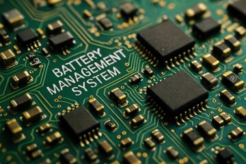 Close-Up View of Battery Management System on a Circuit Board with Electronic Components