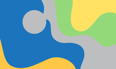 Peaceful Abstract Fluid Design with Soft Flowing Organic Shapes in Shades of Blue, Gray, Yellow, and Pale Green, Featuring a Central Light Gray Circle for Calm, Minimal Backgrounds