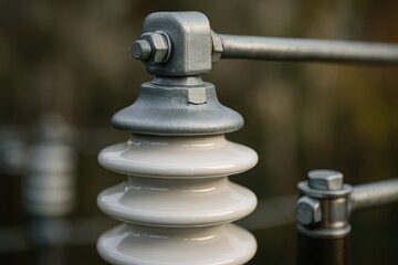 Close-Up of Insulator on Power Line Equipment in Industrial Setting with Metallic Components