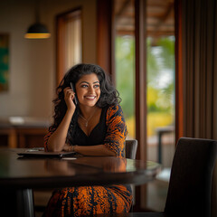 Srilankan young woman talking on phone at home