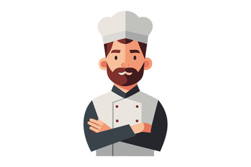 Confident Chef Portrait: A stylized illustration of a chef with a beard, wearing a traditional white chef's jacket and hat, arms crossed, conveying confidence and culinary expertise. 