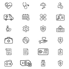 Collection of medical and healthcare related icons depicting various aspects of health and wellness care