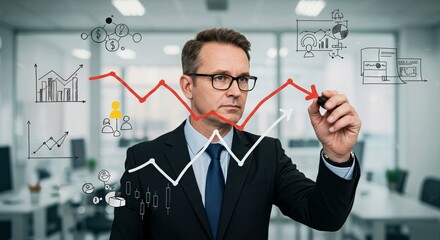 Businessman analyzing financial data and drawing graphs in office  