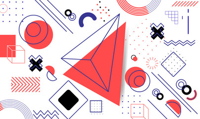 Vibrant Memphis-style abstract design with geometric shapes—circles, triangles, squares—in coral and navy hues on white background, featuring linework, dots, and zig-zag textures