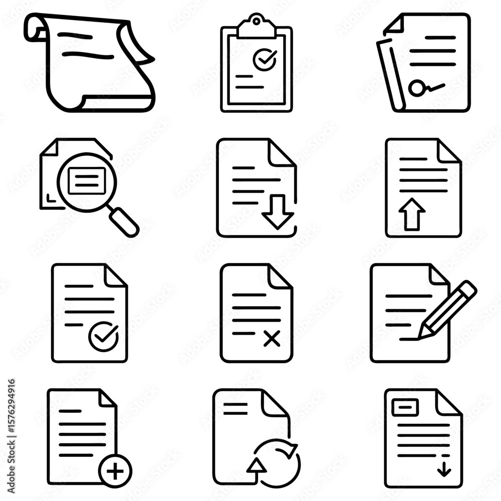 Poster collection of twelve document icons representing various file actions and document states in outline