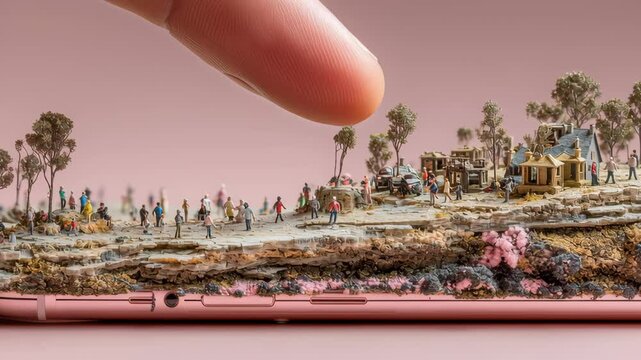 Giant digital hand interacts with miniature landscape, showcasing intricate details of tiny figures and creative scene, evoking sense of wonder