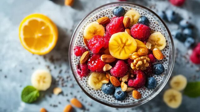 A glass bowl of chia pudding is topped with banana slices, raspberries, blueberries, almonds, and walnuts on a gray surface. Fresh, healthy food.