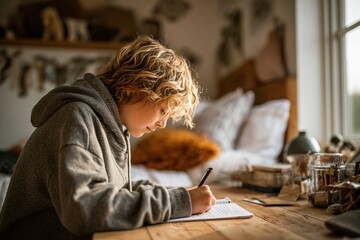 Teenager concentration curly boy hoodie diligently writes notepad desk embodying learning homework