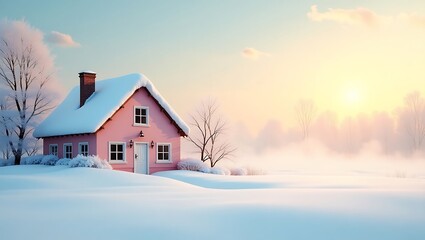 Quaint Pink House in Snowy Winter Landscape – Warm Sunset Glow with Bare Trees and Misty Field under Pale Blue Sky