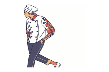 Culinary Confidence: A stylish chef with a modern flair strides forward, embodying culinary expertise and contemporary professionalism.
