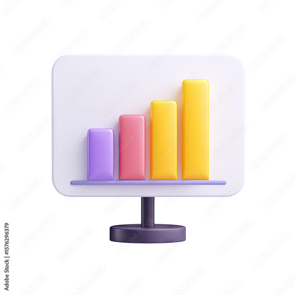 Poster 3d colorful data visualization with bar charts on computer monitor, representing growth and analytic