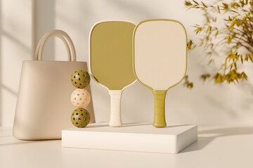 Pickleball paddles and balls with a bag, casual sports equipment. 3D rendering