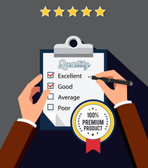 Flat design graphic of checklist on clipboard with hand marking "Excellent," gold premium badge, red ribbon, four stars, on dark gray background, symbolizing quality assessment and rating
