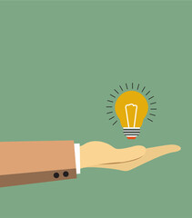 Flat style illustration of open beige hand in business sleeve holding glowing yellow lightbulb with radiating lines on muted sage green background, symbolizing idea, concept, and innovation