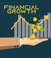 Stylized graphic of financial growth with bold yellow FINANCIAL GROWTH, bar chart, upward trend line, money tree, and coin-filled hand on navy background, symbolizing success