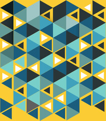 Seamless repeating pattern of layered, interconnected triangles in teal, blue, and white shades with 3D illusion on bright yellow background, perfect for modern geometric designs and textiles