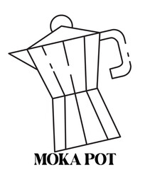 Simple black outline illustration of moka pot in three-quarter view with conical top, cylindrical body with vertical lines, handle on right