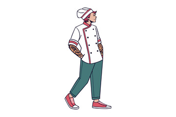 Trendy Chef Illustration: Stylish chef with tattoos strolls confidently, radiating creativity and passion for culinary arts in a fashionable cartoon illustration.