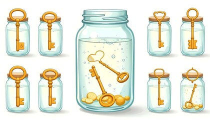 A vintage gold key cartoon vectors floating in a clear glass jar filled with water.