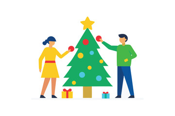 Family decorating Christmas tree in cozy room heartwarming scene vector art illustration