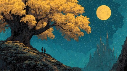 Mysterious night landscape with a golden tree on a hill, under which two figures stand, looking at a distant fantasy castle under a large full moon and a starry sky