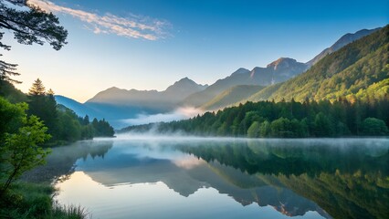 A serene mountain lake at sunrise, with gentle fog hovering over the water and reflecting the surrounding evergreen forest and peaks