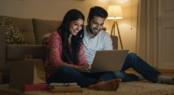 smiling indian couple working on laptop in cozy home. teamwork, collaboration, remote work concept. lifestyle, dating, online shopping, sales and discounts. - Powered by Adobe