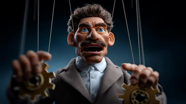 Puppet figure with gears and strings symbolizes control and manipulation, evoking intrigue and power through intricate design and craftsmanship