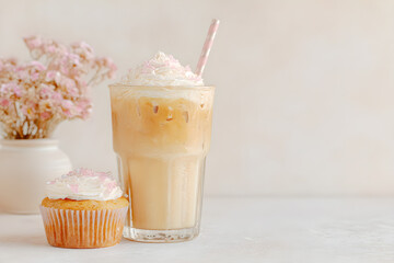 Iced Coffee with Whipped Cream and Vanilla Cupcake on a Soft Pastel Background