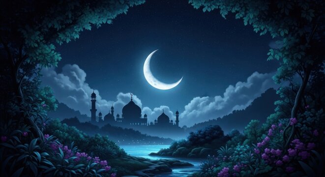 Enchanting crescent moon illuminating a tranquil night landscape with a mystical cityscape and lush flora