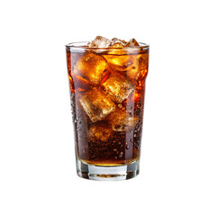 Photo of a tall glass of cola with ice cubes and bubbles isolated on transparent background