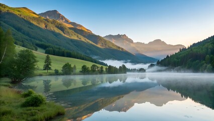 Fototapeta premium Golden hour light illuminates rolling mountains and a misty lake, creating a breathtaking natural landscape with perfect reflections