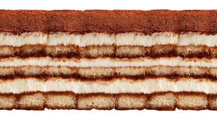 Cross-section of tiramisu cake showing layered sponge and cream with cocoa powder on top. Soft, creamy, and rich texture perfect for dessert-themed designs.
