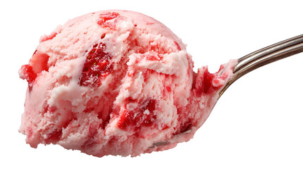 A close-up of a strawberry ice cream scoop on a spoon, showing pink creamy texture with visible strawberry chunks. Perfect for dessert and summer-themed designs.