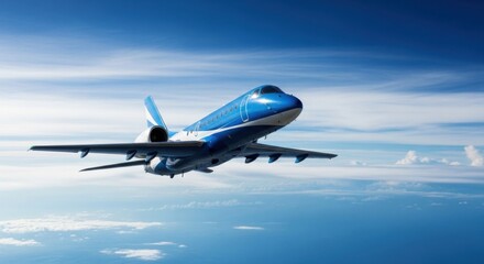 A sleek blue private jet soars through the vast expanse of the sky above fluffy white clouds