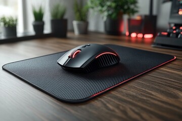 A black computer mouse is on a black mouse pad