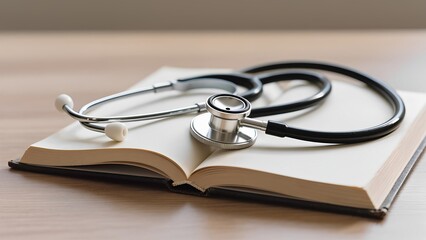 Medical stethoscope resting on open book, symbolizing healthcare education and learning, with ample blank space for notes.