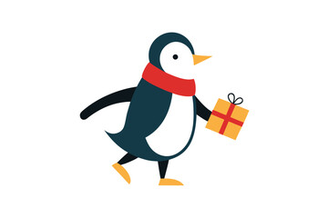 Penguin in scarf ice skating with gift box joyful winter animal vector art illustration